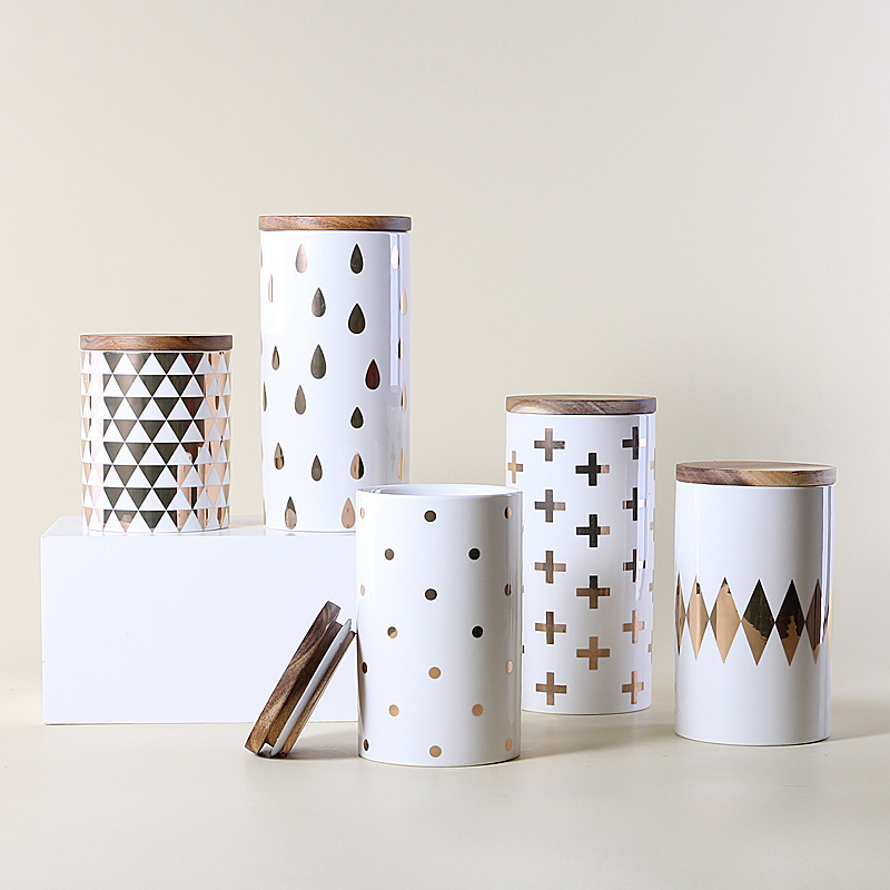 Jarra de almacenamiento de cerámica dorada creativa nórdica con tapa de madera jarra sellada de almacenamiento de cocina jarra de café de té al por mayor