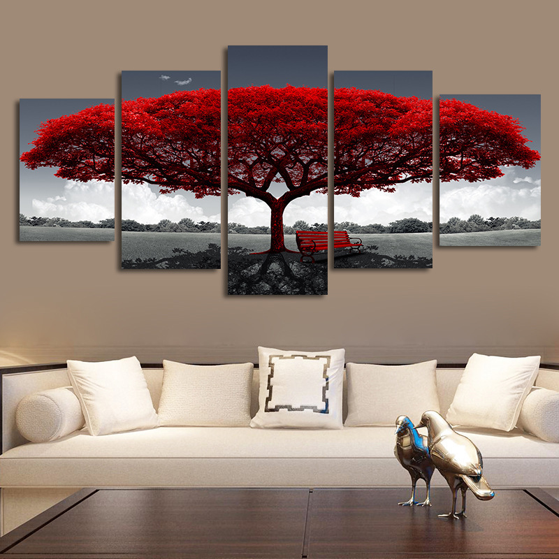 Red Big Tree and Bench Five-Part Painting Canvas Oil Painting Living Room Decorative Painting Frameless Painting Core Simple