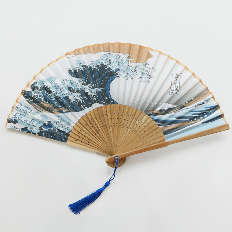 Hay en stock Kanagawa ola fractura de bambú fan canción Xiaozhu transfronterizo pequeño ventilador plegable serie japonesa SEDA-como ventilador de Bambú