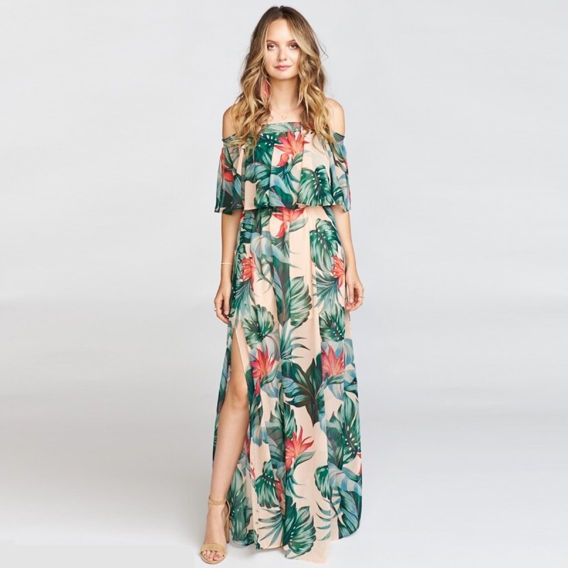 European and American Vacation Beach Style Tropical Rainforest Print Long Dress Summer Beach Dress Picture Color Southeast Asia