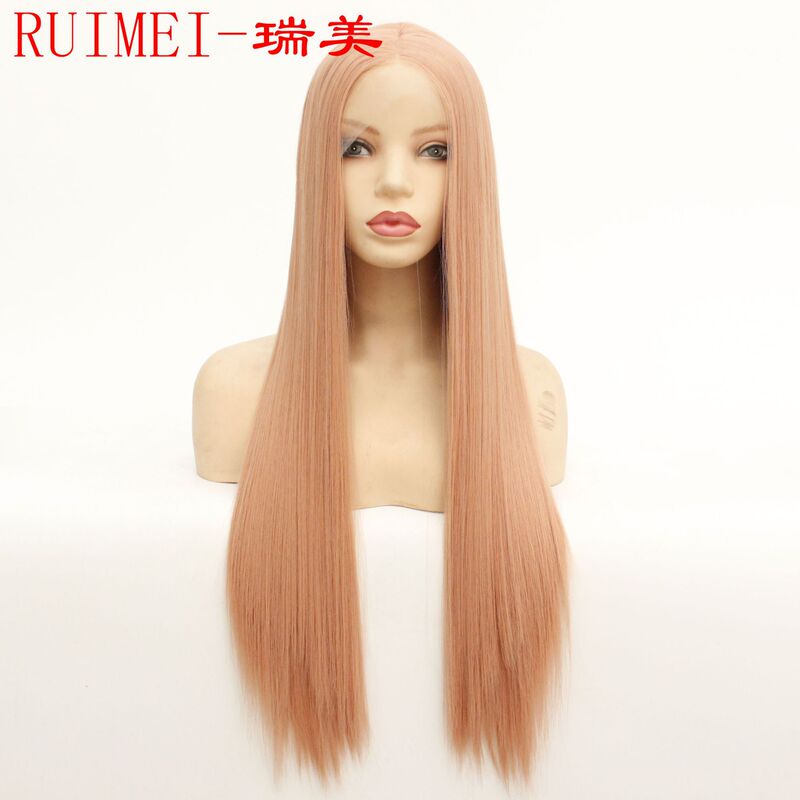 Smoke powder monochrome long straight wig headgear front lace wig synthetic high temperature silk foreign trade Smoke powder monochrome long straight wig headgear front lace wig synthetic high temperature silk foreign trade