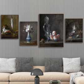 法国艺术微喷油画布打印画芯古典夏尔丹静物花卉苹果兔子挂画画心