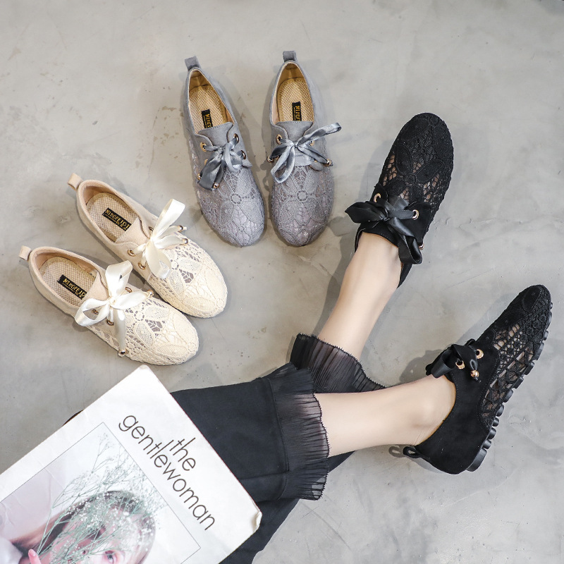 2023 nuevos zapatos de mujer plana encaje-up viejo Beijing malla encaje zapatos de mujer estilo británico zapatos de una sola capa para las mujeres