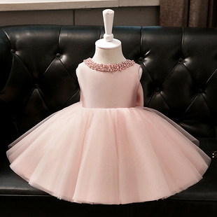 Pink Dress Baby Birthday Year Old Dress Small and Medium-sized Children's Poncho Yarn Big Bow Girl Princess Dress Wholesale