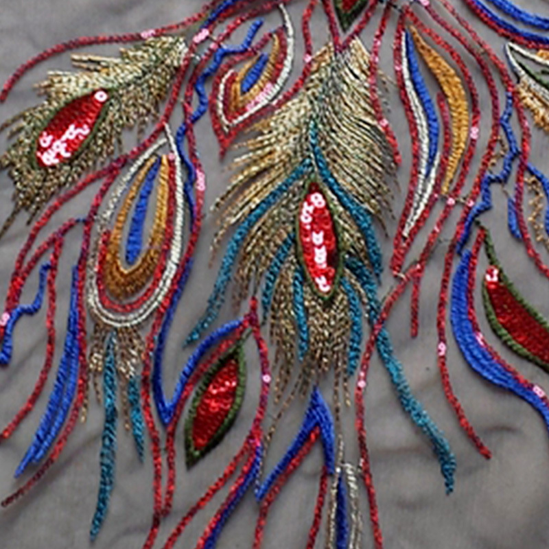 Lentejuelas Pavo Real Phoenix pluma malla bordado tela apliques cheongsam vestido etapa DIY cola Accesorios