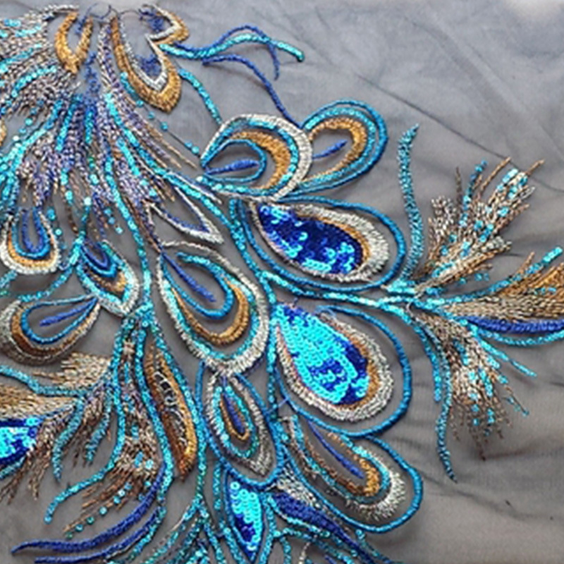 Lentejuelas Pavo Real Phoenix pluma malla bordado tela apliques cheongsam vestido etapa DIY cola Accesorios