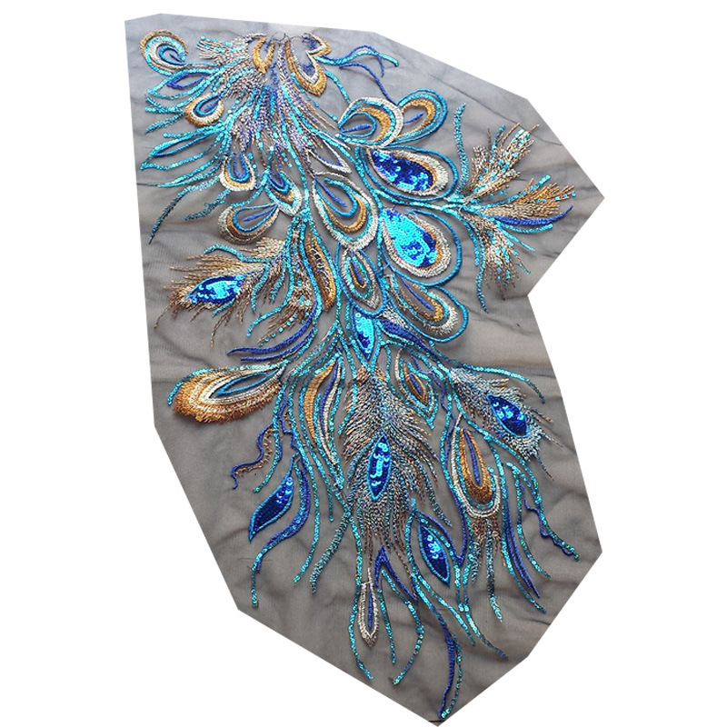 Lentejuelas Pavo Real Phoenix pluma malla bordado tela apliques cheongsam vestido etapa DIY cola Accesorios
