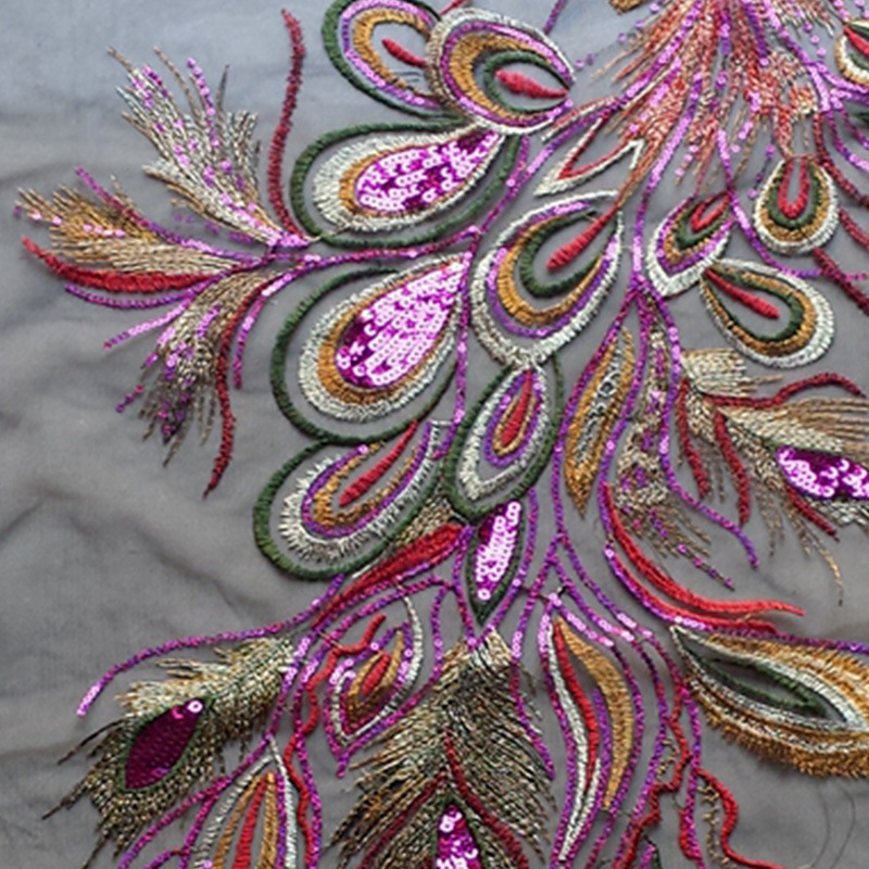 Lentejuelas Pavo Real Phoenix pluma malla bordado tela apliques cheongsam vestido etapa DIY cola Accesorios