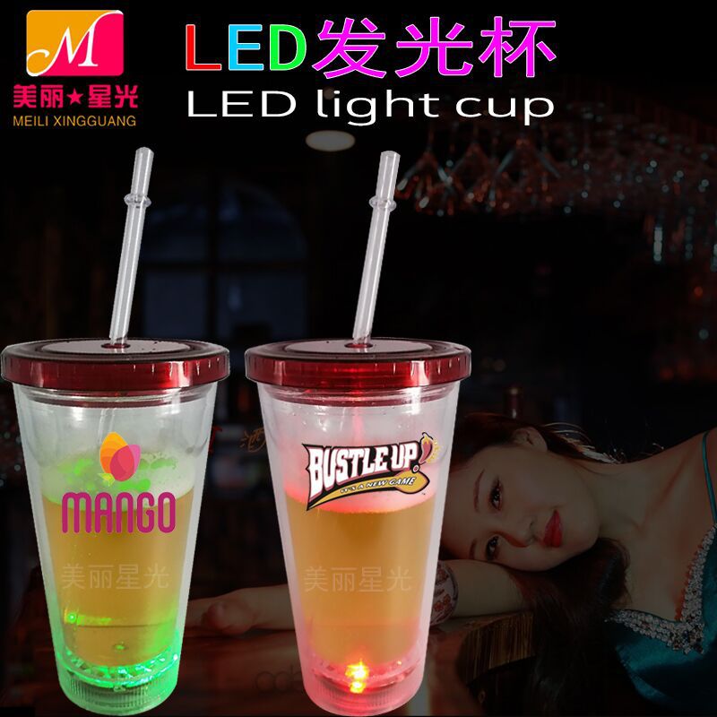 Taza de paja luminosa de lote directo de fábrica, taza luminosa de cerveza y bebida, taza de paja luminosa de plástico led, logotipo de impresión en color