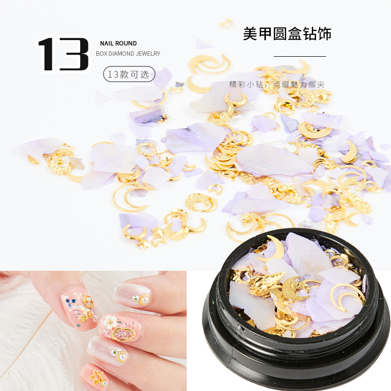 Comercio exterior nueva manicura estrella Luna joyería mixta Caja Popular cobre ronda remache lentejuelas uñas diamante decoraciones belleza