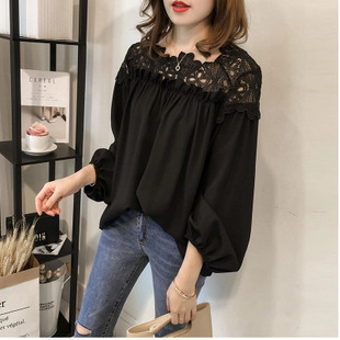 Autumn New Korean style fashionable crocheted hollow lace stitching chiffon shirt women's long-sleeved top bottoming shirt trendy
