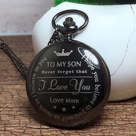 T0 MY SON love MOm 复古黑色光面石英吊坠女性男性石英怀表watch