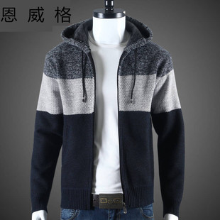 Foreign Trade Knitted Cardigan Men's Fleece-lined Thickened Zipper Casual Loose Warm New Winter Hooded Sweater Men's Jacket
