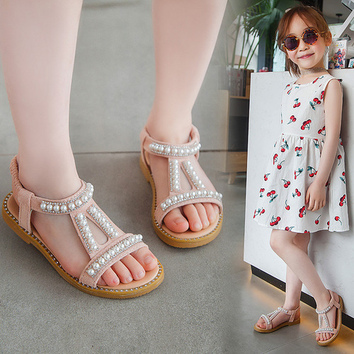 2024 Summer New Girls Pearl Sandals Baby Korean Style Open Toe Princess Shoes Small and Medium Children Wholesale