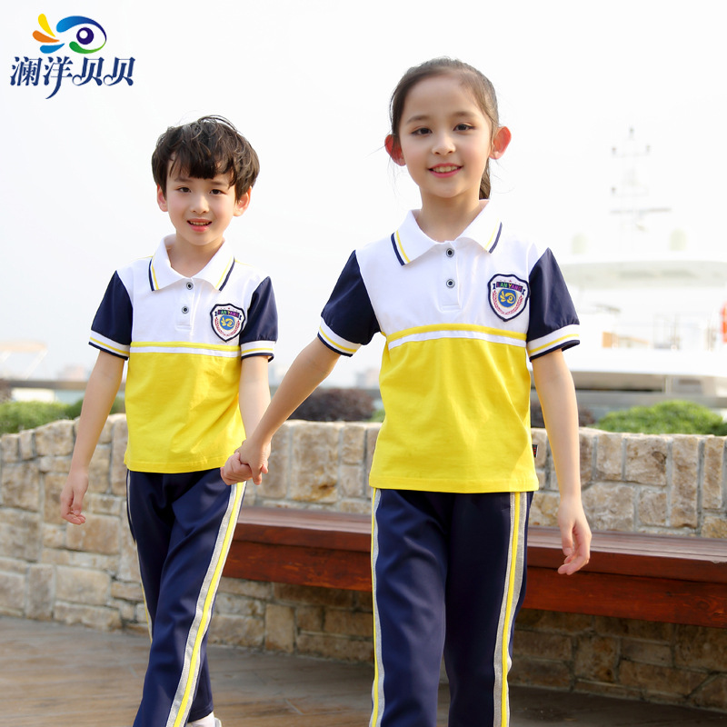 Preschool summer uniform, primary and secondary school uniform, class uniform, teacher uniform, children's short-sleeved blue sports uniform, drop shipping one piece