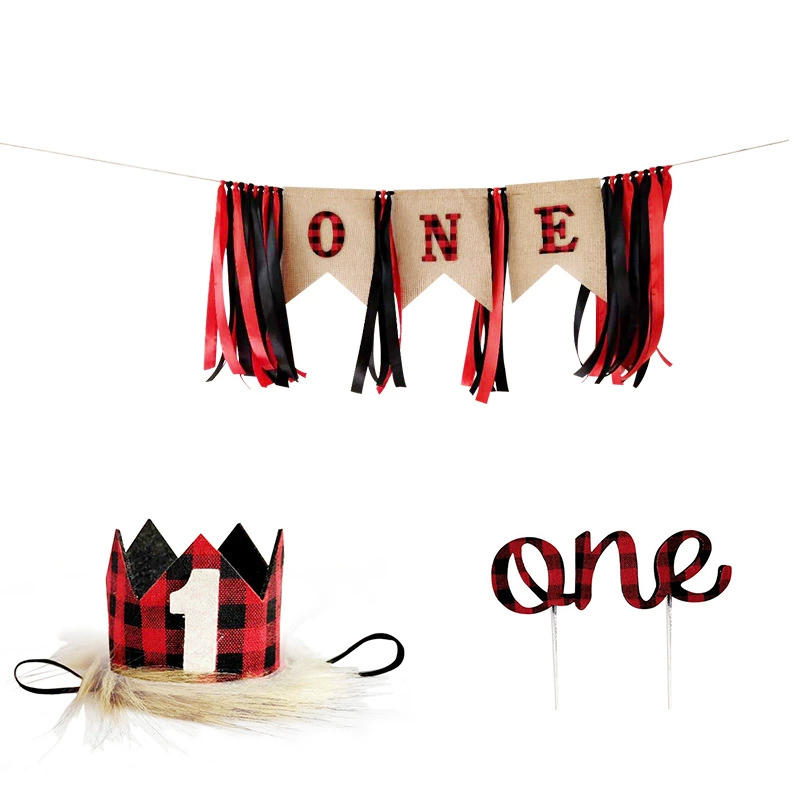 Серия Lumberjack Дикий детский день рождения один тянуть флаг Корона торт вставка Lumberjack Вечеринка обеденный стол стул юбка