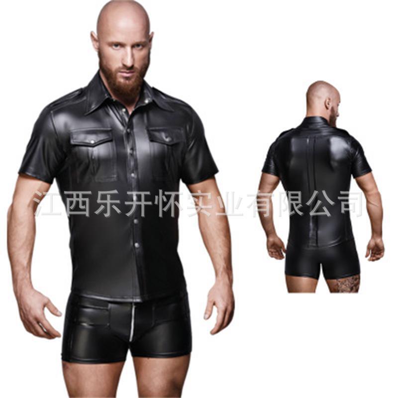 Sexy underwear European and American men's imitation leather shirt nightclub stage ds costume factory direct a generation of hair Sexy underwear European and American men's imitation leather shirt nightclub stage ds costume factory direct a generation of hair