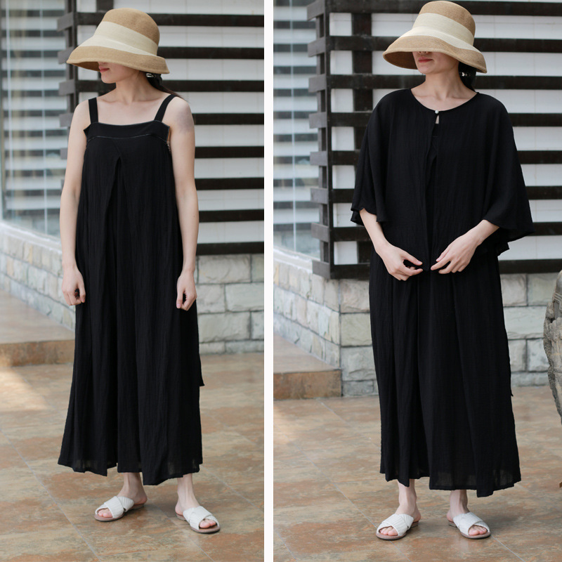 2019夏季女式文艺宽松吊带裙度假旅游要备的仙气长裙黑白色190420