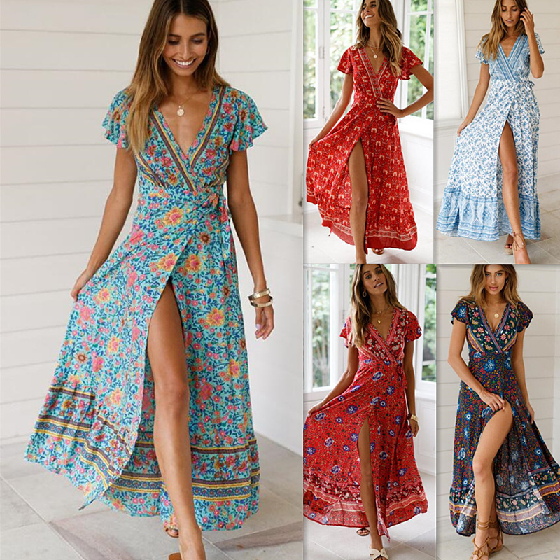 2024 Cross-Border New Product Amazon Summer Casual Hot-Selling Vacation Printed Dress Sexy Long Skirt Women's Clothing