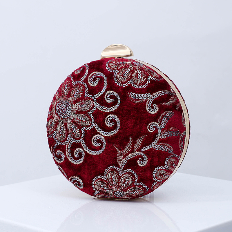 Vintage bordado con cuentas bolso de noche terciopelo cheongsam embrague de las mujeres pequeño bolso redondo vestido bolsa de mensajero bolsa de boda entrega de una sola pieza