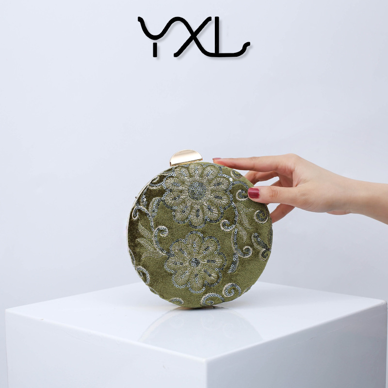 Vintage bordado con cuentas bolso de noche terciopelo cheongsam embrague de las mujeres pequeño bolso redondo vestido bolsa de mensajero bolsa de boda entrega de una sola pieza