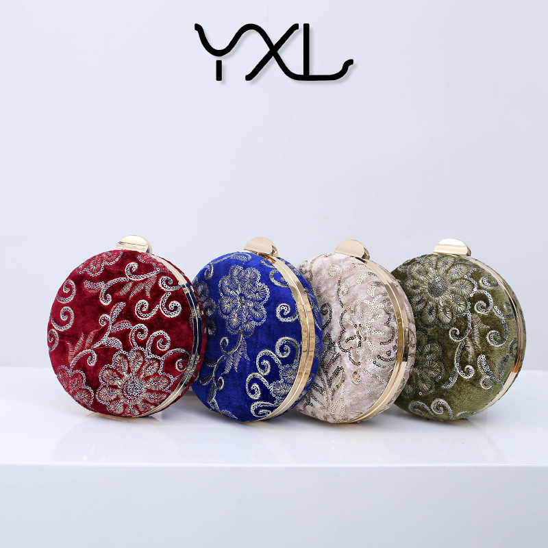 Vintage bordado con cuentas bolso de noche terciopelo cheongsam embrague de las mujeres pequeño bolso redondo vestido bolsa de mensajero bolsa de boda entrega de una sola pieza