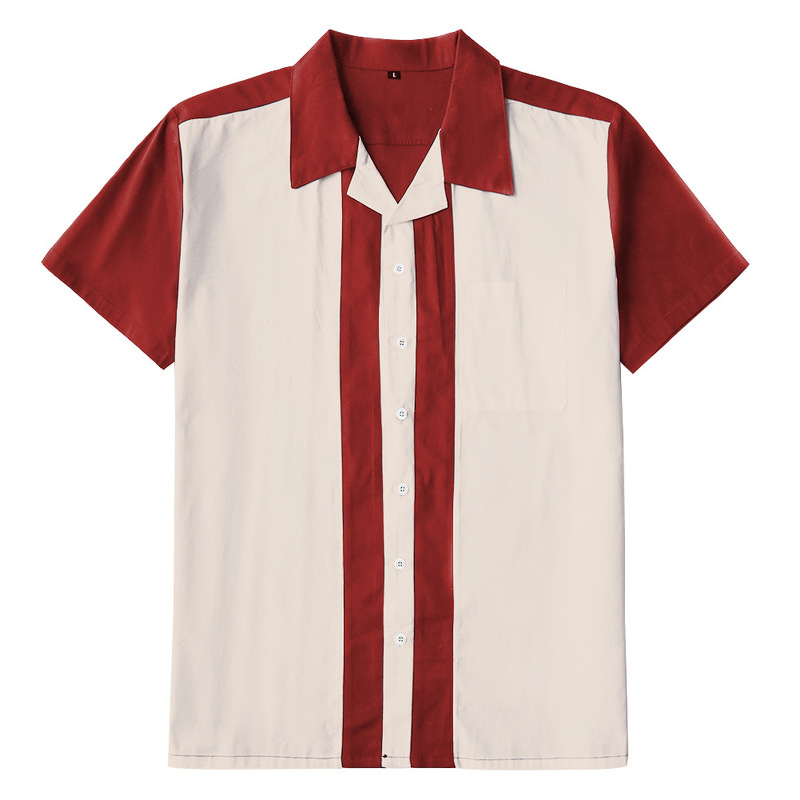 Cross-border Foreign Trade Vintage Bowling Men's Cotton Maroon Beige Stitching Casual Short-sleeved Men's Shirt Shirt