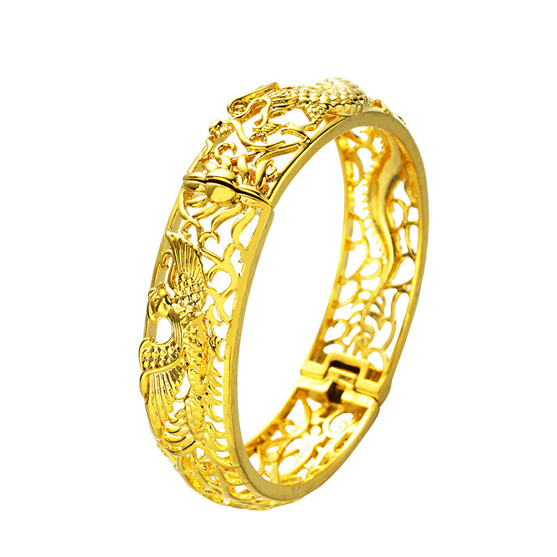 Largo tiempo sin desvanecimiento dragón hueco y Fénix pulsera nupcial mujer moneda europea cobre plateado Vietnam arena chapado en oro pulsera joyería de la boda