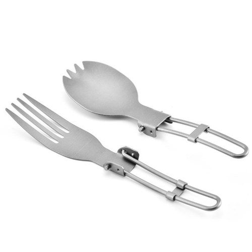 Pure titanium folding toothed spoon, easy to carry outdoors for camping and picnic tableware, titanium spoon, titanium fork