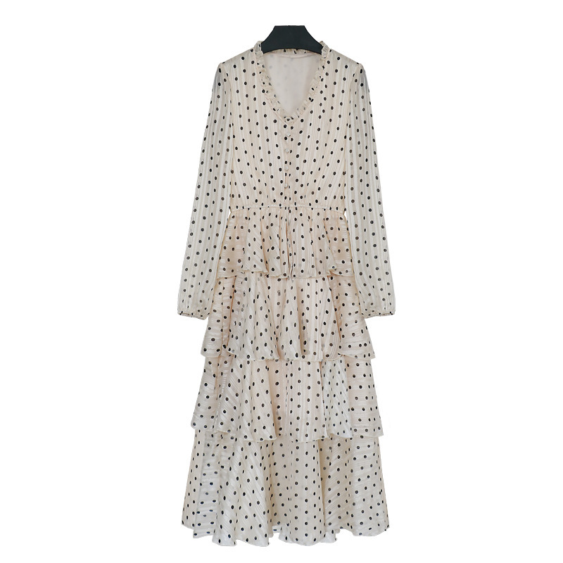 Papaya Milk Spring New Arrival Korean Style Elegant Long-Sleeved V-Neck Polar Dot Cake Skirt Tight Waist Slimming Stitching Dress Papaya Milk Spring New Arrival Korean Style Elegant Long-Sleeved V-Neck Polar Dot Cake Skirt Tight Waist Slimming Stitching Dress