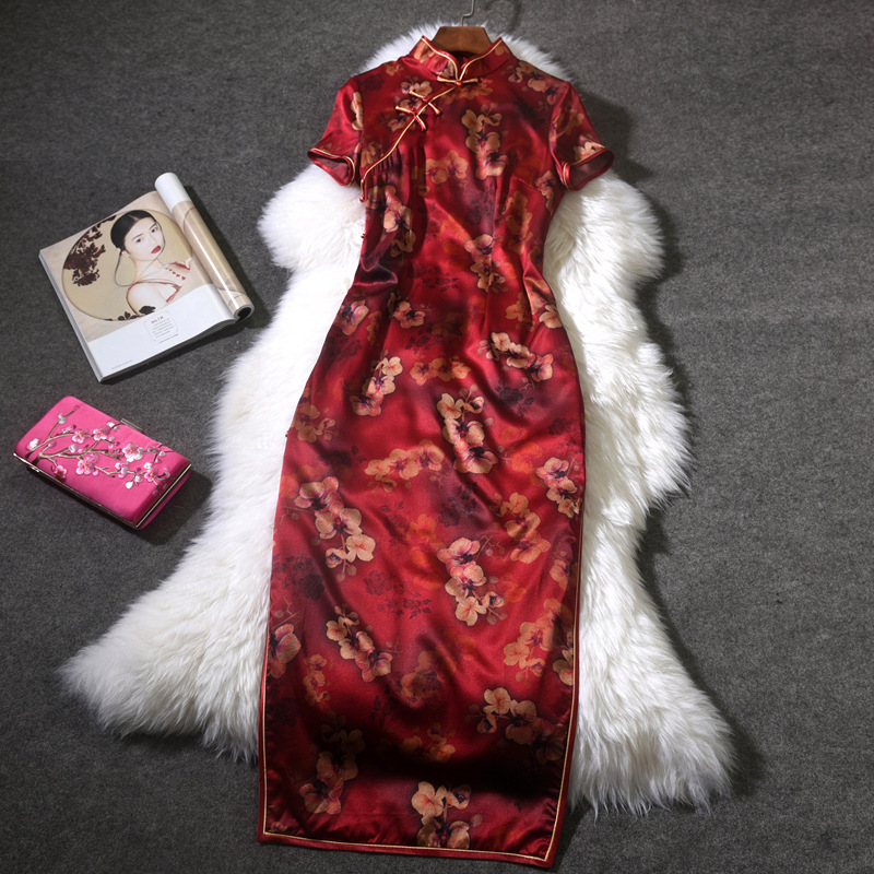 Clearance of Discontinued Sizes: New Spring/Summer Silk Printed Improved Long Cheongsam Dress 1238, Elegant Chinese Style