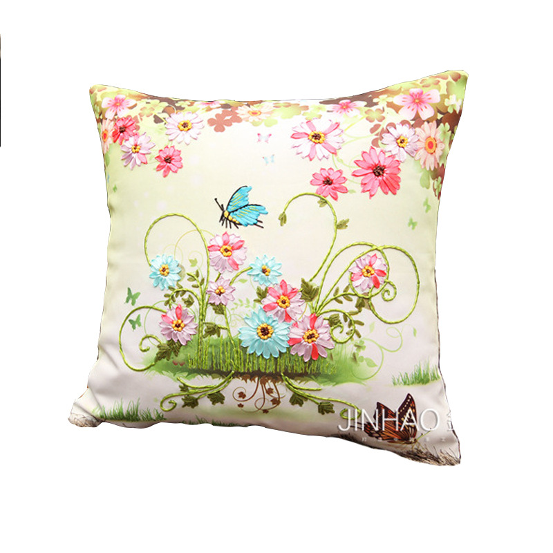 Fábrica al por mayor de color de impresión bordado de la cinta hecha a mano DIY paquete de material cojín funda de almohada flor frente mariposa volando doble platillo Flying dance