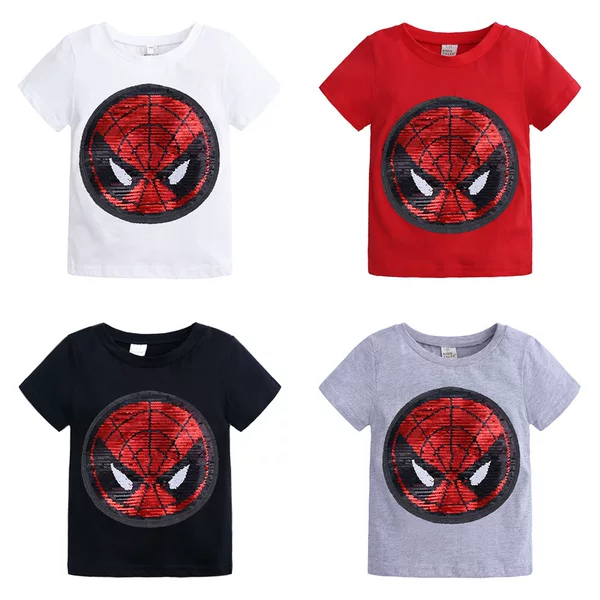 Children's Summer New 2026 Sequin Reversible Color-Changing Cartoon Cotton T-Shirt for Boys and Girls Trendy Base Shirt