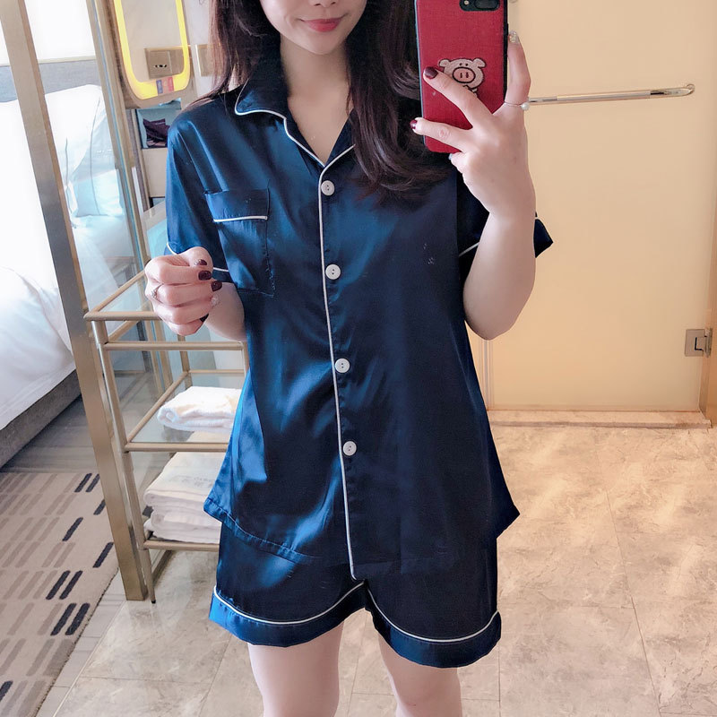 잠옷 여자의 여름 학생 반팔 아이스 실크 모조 실크 가정 옷 여름 달콤한 느슨한 얇은 2 피스 세트