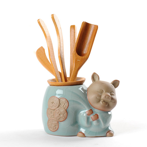 Celadon Ge Kiln Tea Ceremony Six Gentlemen Set Creative Ru Kiln Tea Set Accessories Tea Cylinder Bamboo Tea Spoon One Piece Dropshipping