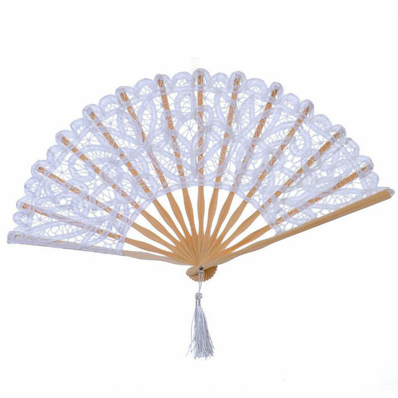 Hay 21CM 27CM ventilador plegable de corte retro bambú y madera de encaje ventilador plegable de boda blanca de alta calidad
