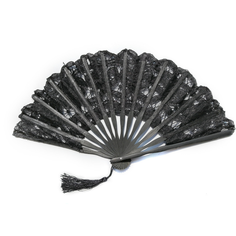 En stock 21CM 27CM de gama alta ventilador de encaje de la Corte de bambú de la vendimia ventilador plegable de doble capa ventilador de encaje negro