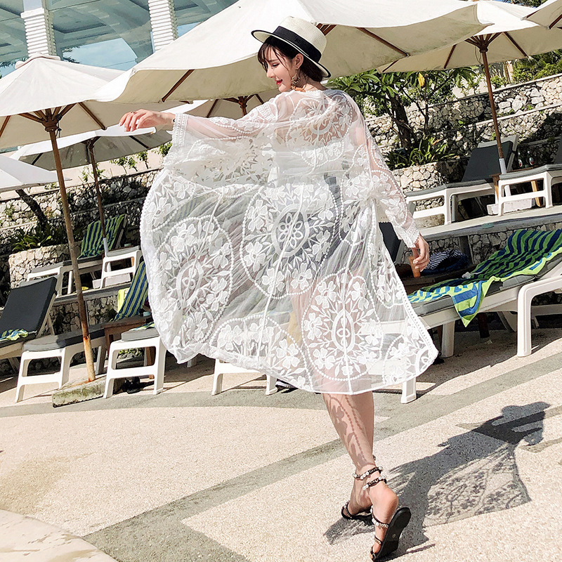 8034 Real Shot Beach Long Shirt Outer Wear Sun-protective Shirt Women's Long Cloak Lace Coat Transparent Veil Swimwear Blouse