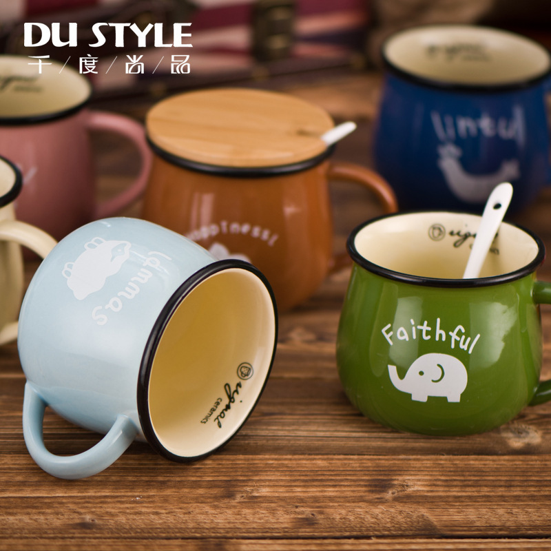 Retro esmalte imitación taza de leche taza de desayuno publicidad regalos promocionales logotipo de impresión mayorista taza de agua tallada