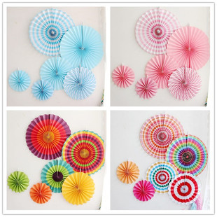 6 A set of paper flower fan paper fan flower set handmade paper folding flower fan three-dimensional pull flower birthday party decoration wedding