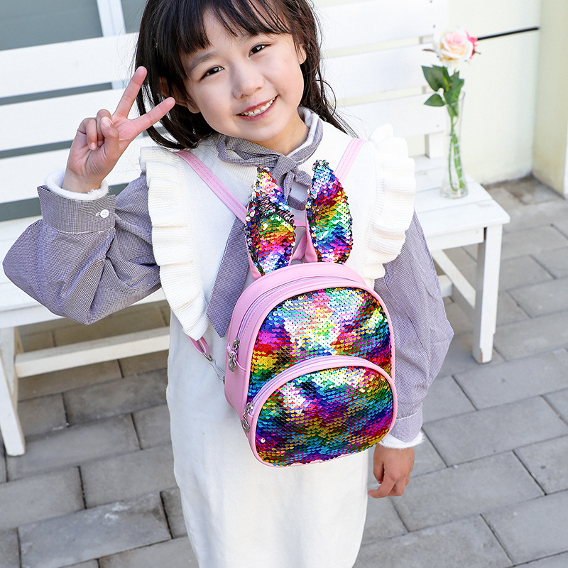 Estilo coreano de dibujos animados Orejas de conejo lentejuelas bolso de los niños moda chica hombro bolsa de mensajero jardín de infantes multiusos pequeña mochila