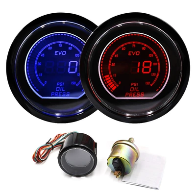 Universal 52mm 12V LED mavi qırmızı işıqlı Evo LCD yağ təzyiq göstəricisi