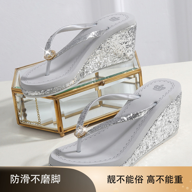 2025 New European and American Women's Rhinestone High Heels Sequined Crystal Flip-Flops Thick-Soled Beach Sandals 2025 New European and American Women's Rhinestone High Heels Sequined Crystal Flip-Flops Thick-Soled Beach Sandals