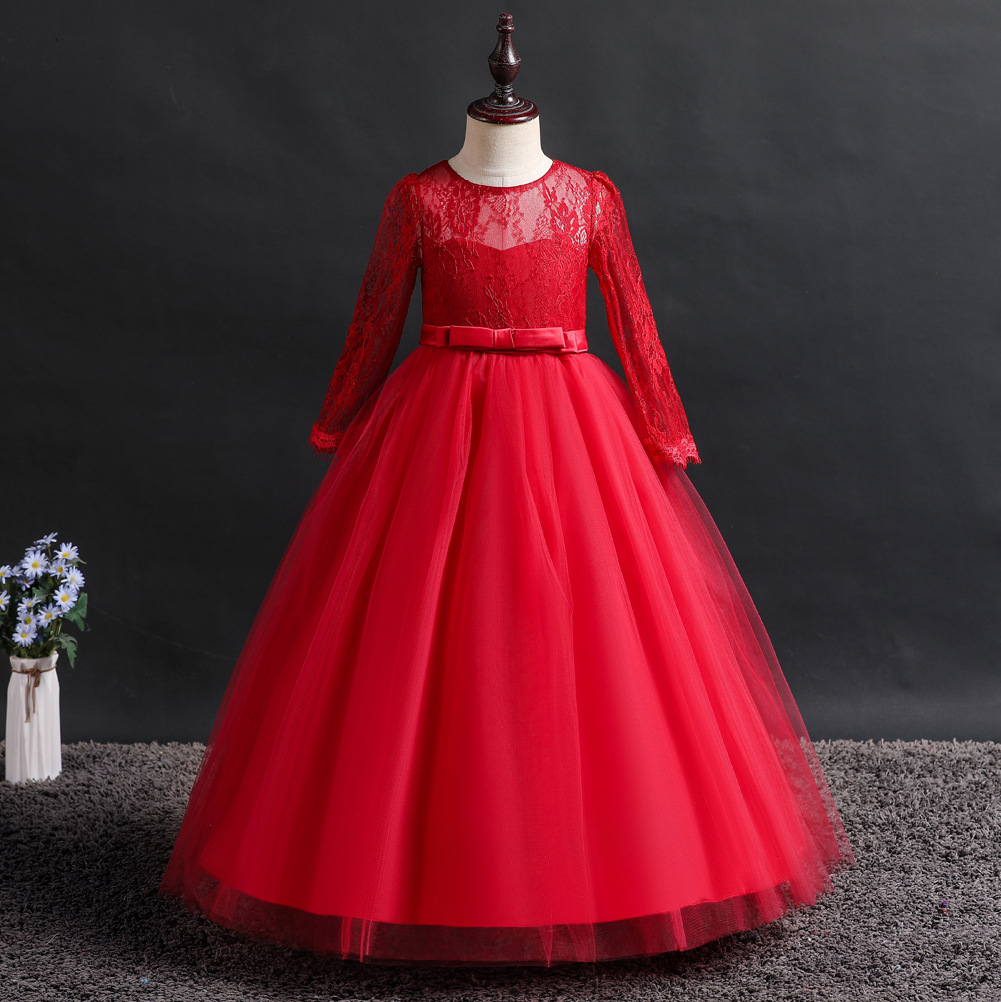 Xin'an Baihui vestido de las muchachas de manga larga de encaje puffy princesa vestido medio y grandes niños vestido de boda Vestido de acogida al por mayor