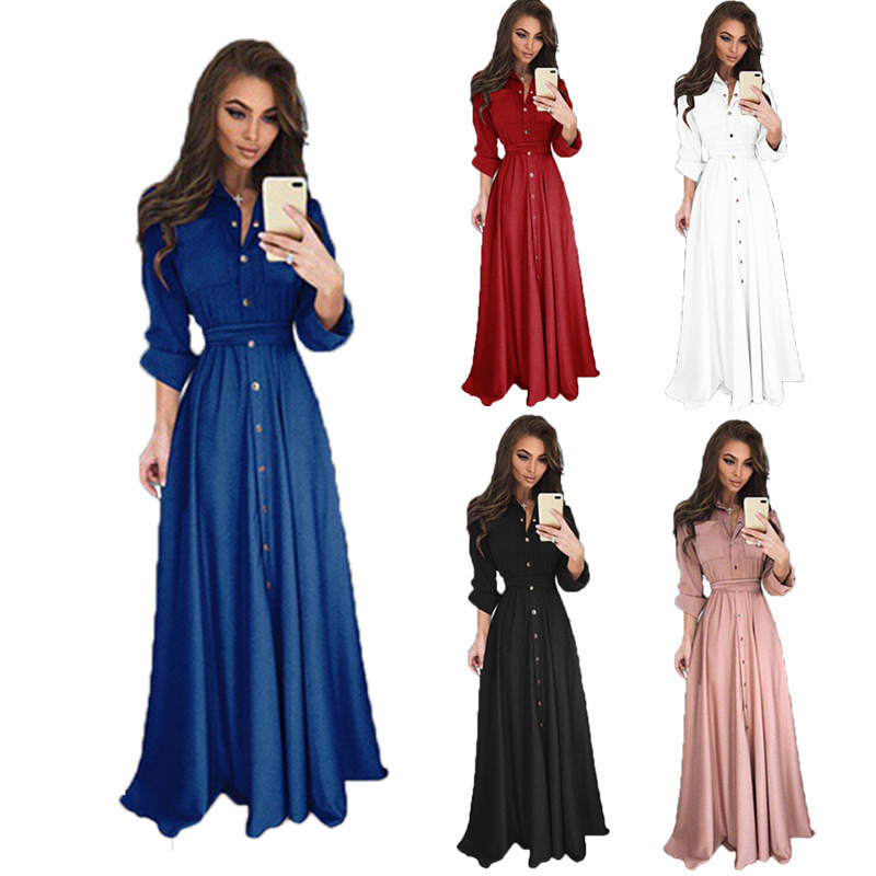 2024 Spring New Aliexpress Amazon Ebay Slim Long Sleeve Long Buttoned Long Skirt Lace-Up Dress