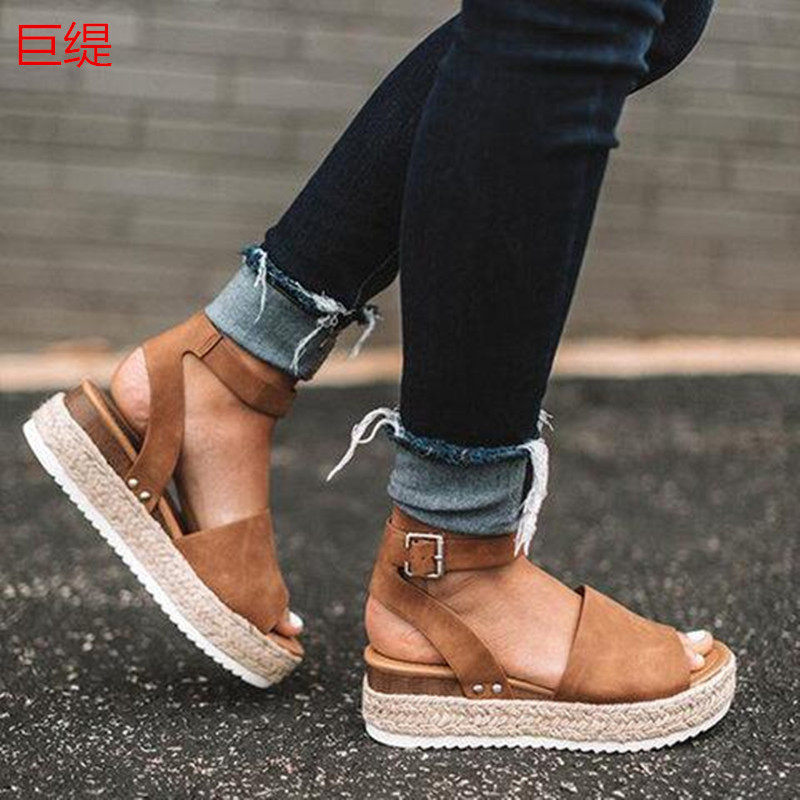Juti spot perennial wish Amazon foreign trade large size slope heel light hemp rope sandals women