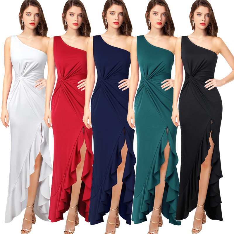 2026 Summer One-Shoulder Evening Dress Women's Black Flared Dress Slim Fit Long Dress Wholesale 2026 Summer One-Shoulder Evening Dress Women's Black Flared Dress Slim Fit Long Dress Wholesale