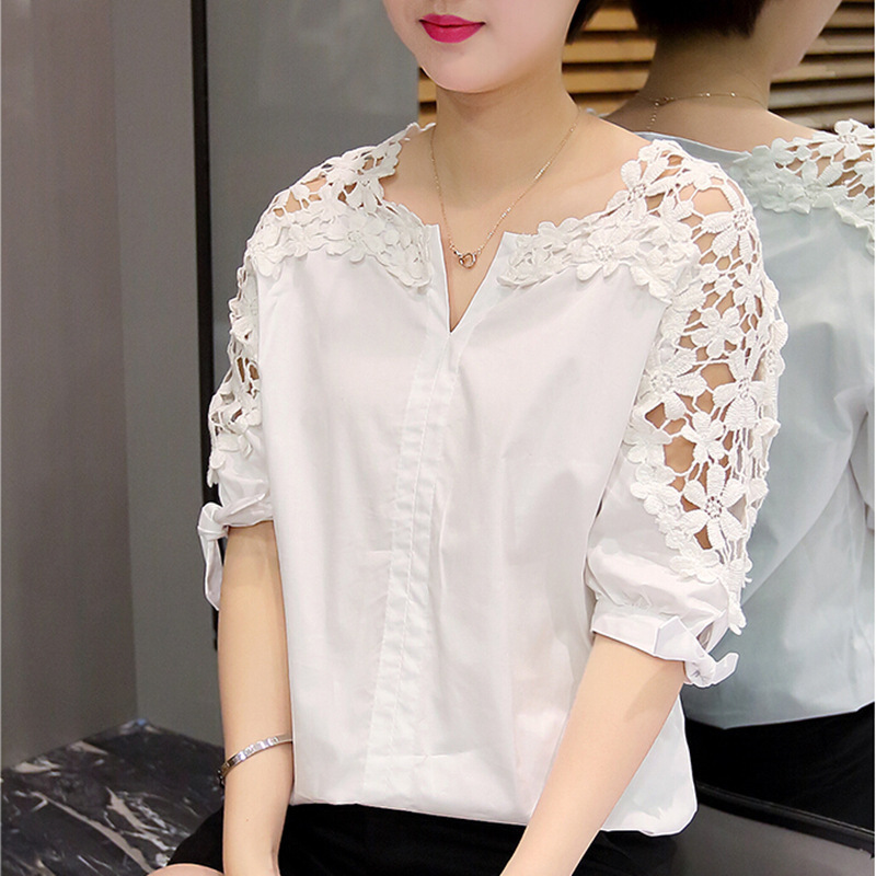 2025 New Summer Off-Shoulder Shirt Plus Size Women's Loose Korean Style Hollow Top Shirt Lace Bottoming Shirt