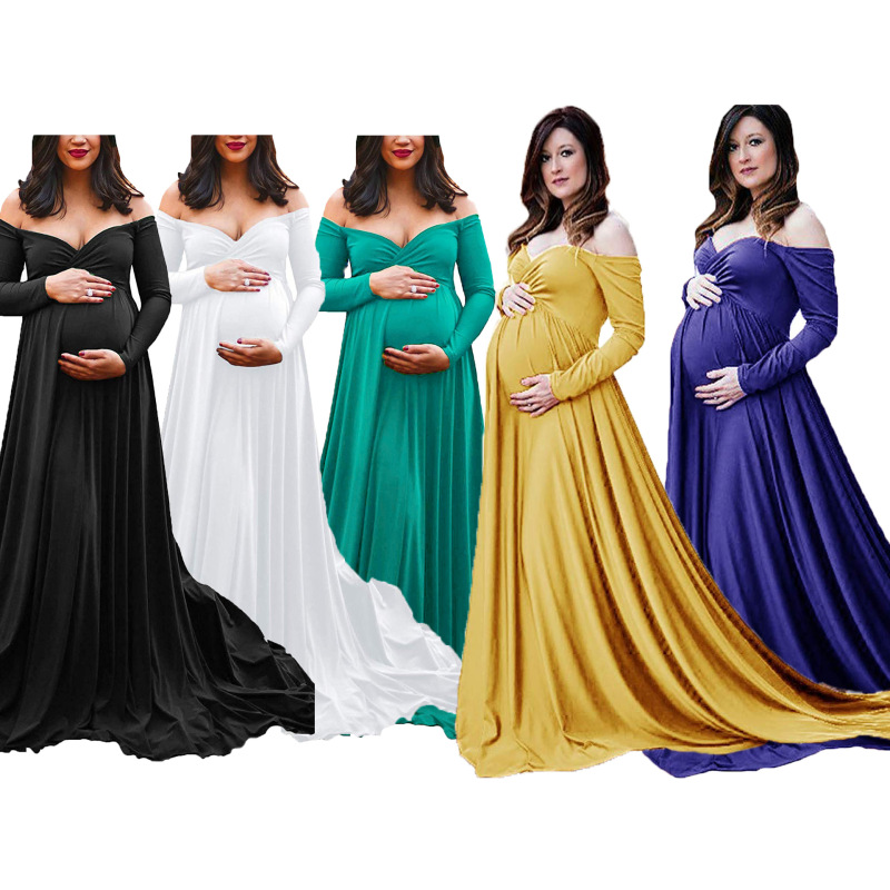 2020 European and American women's mercerized cotton pregnant women's V-neck trailing large swing dress photography dress 1860