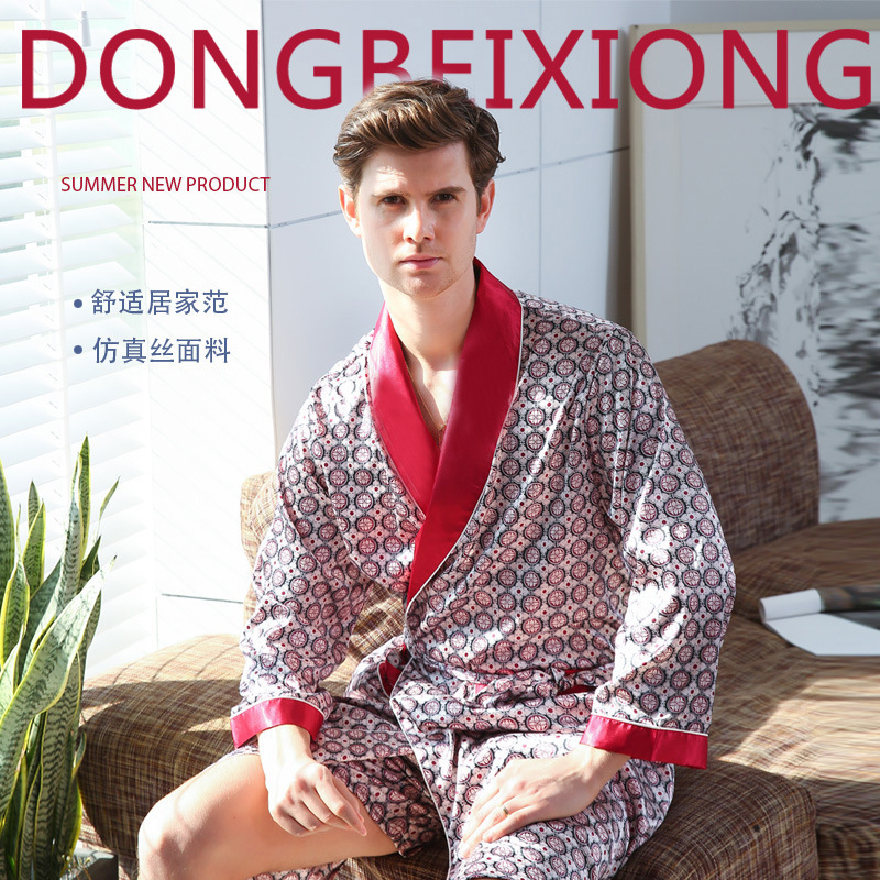Men's Summer Silk Bathrobe Shorts Nightgown Men's Summer Suit Thin Ice Silk Pajamas Plus Size Bathrobe